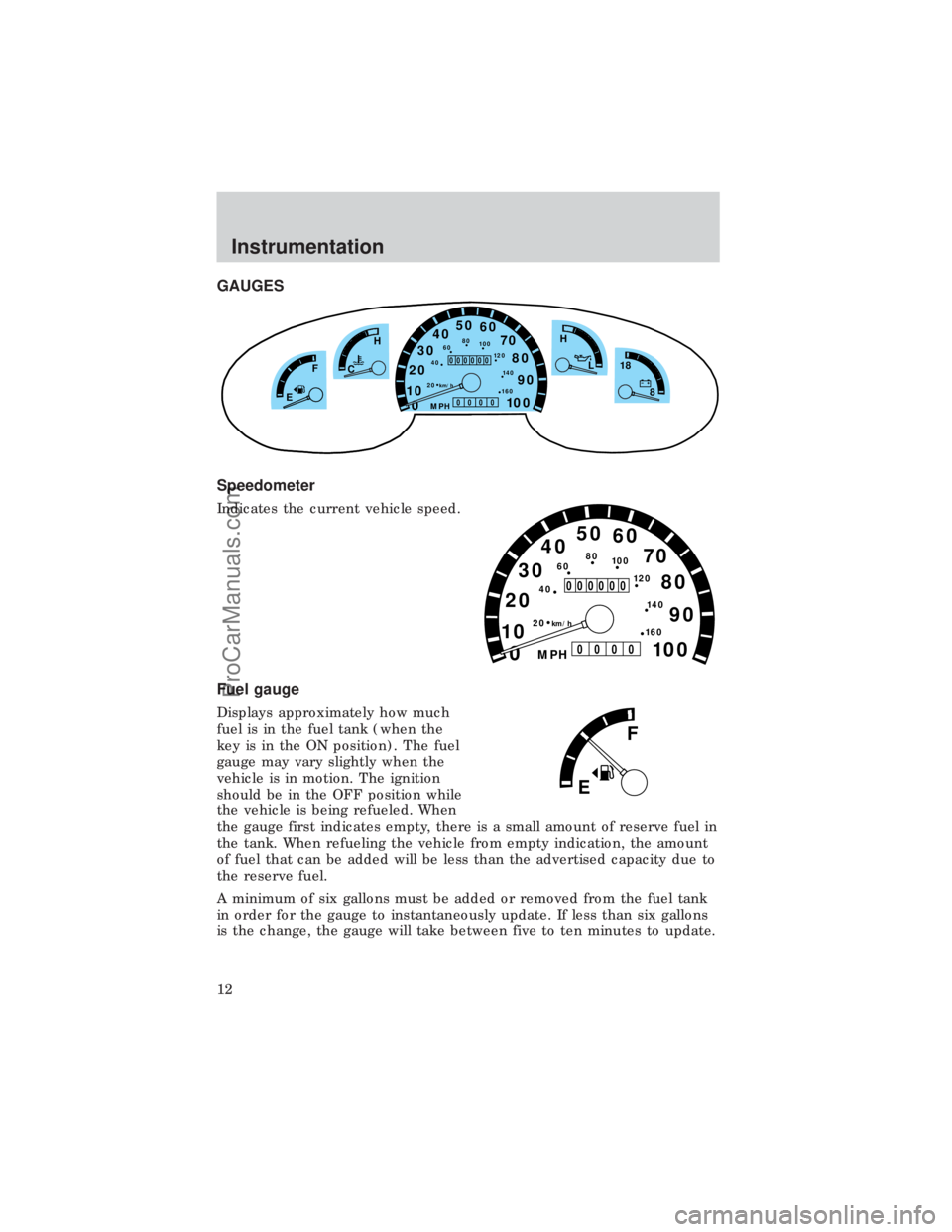 FORD E-450 1999 Owners Manual GAUGES
Speedometer
Indicates the current vehicle speed.
Fuel gauge
Displays approximately how much
fuel is in the fuel tank (when the
key is in the ON position). The fuel
gauge may vary slightly when FORD E-450 1999 Owners Manual GAUGES
Speedometer
Indicates the current vehicle speed.
Fuel gauge
Displays approximately how much
fuel is in the fuel tank (when the
key is in the ON position). The fuel
gauge may vary slightly when