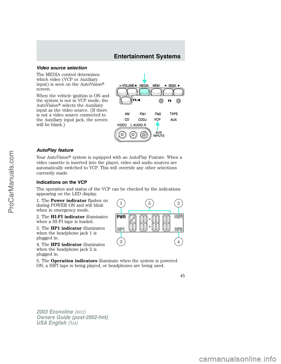 FORD E-450 2003 Service Manual Video source selection
The MEDIA control determines
which video (VCP or Auxiliary
input) is seen on the AutoVision
screen.
When the vehicle ignition is ON and
the system is not in VCP mode, the
AutoV