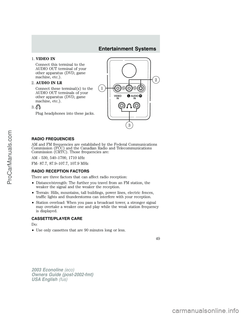 FORD E-450 2003 Service Manual 1.VIDEO IN
Connect this terminal to the
AUDIO OUT terminal of your
other apparatus (DVD, game
machine, etc.).
2.AUDIO IN LR
Connect these terminal(s) to the
AUDIO OUT terminals of your
other apparatus