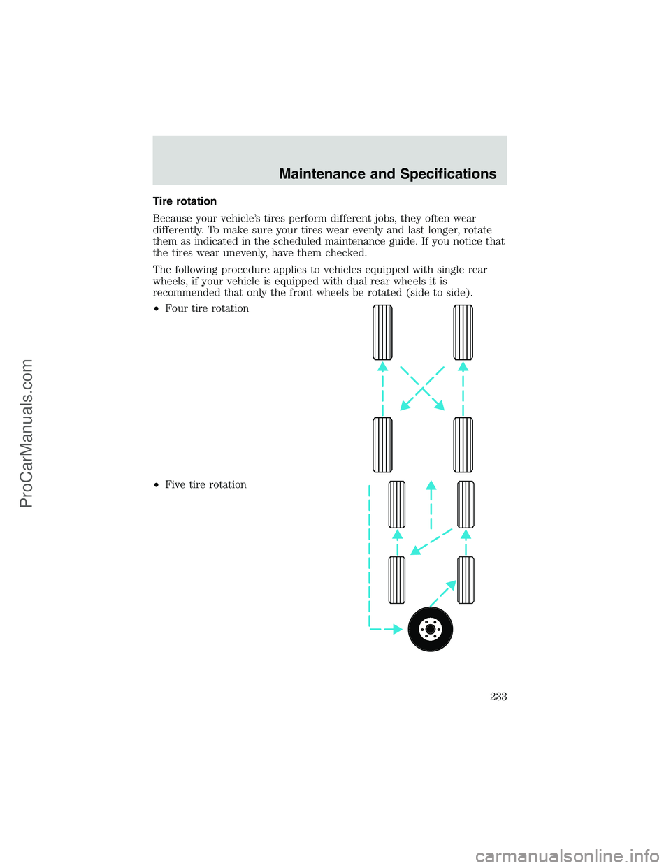 FORD E-450 2002  Owners Manual Tire rotation
Because your vehicle’s tires perform different jobs, they often wear
differently. To make sure your tires wear evenly and last longer, rotate
them as indicated in the scheduled mainten