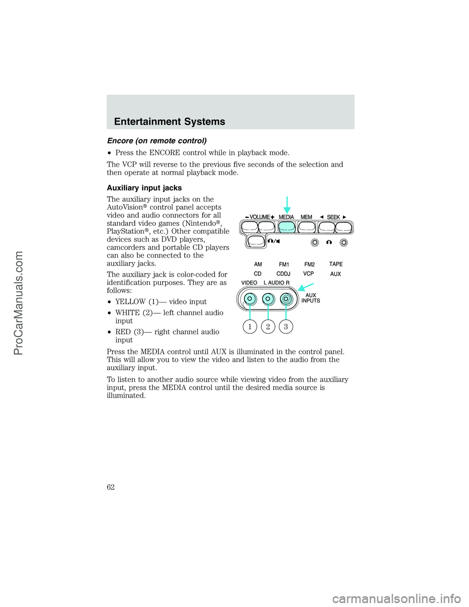 FORD E-450 2002 Repair Manual Encore (on remote control)
•Press the ENCORE control while in playback mode.
The VCP will reverse to the previous five seconds of the selection and
then operate at normal playback mode.
Auxiliary in