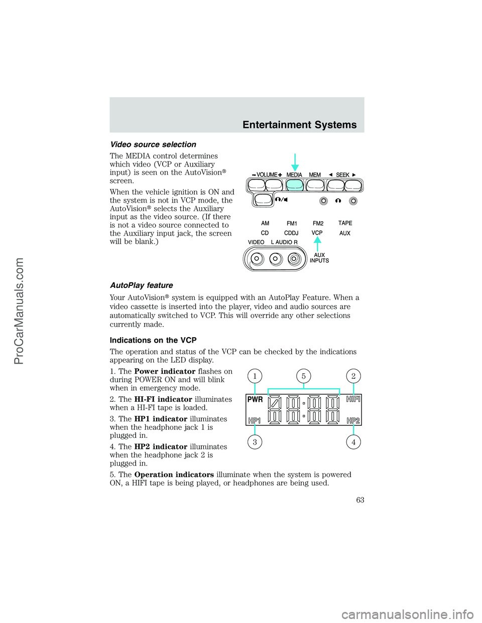 FORD E-450 2002 Repair Manual Video source selection
The MEDIA control determines
which video (VCP or Auxiliary
input) is seen on the AutoVision
screen.
When the vehicle ignition is ON and
the system is not in VCP mode, the
AutoV