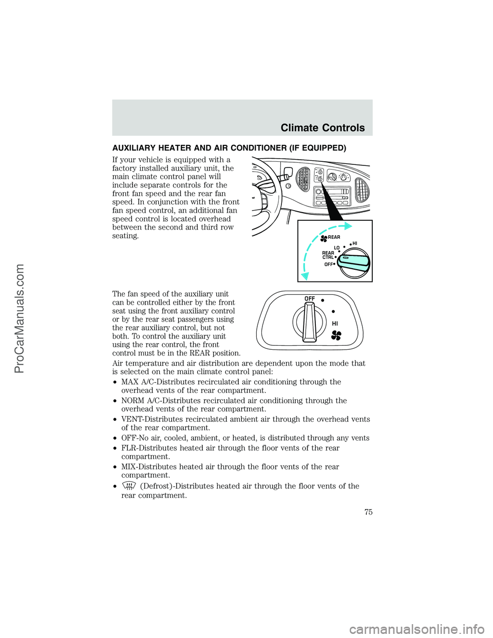 FORD E-450 2002 Manual PDF AUXILIARY HEATER AND AIR CONDITIONER (IF EQUIPPED)
If your vehicle is equipped with a
factory installed auxiliary unit, the
main climate control panel will
include separate controls for the
front fan 