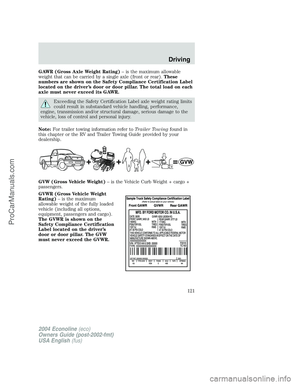 FORD E-450 2004 Owners Manual GAWR (Gross Axle Weight Rating)–is the maximum allowable
weight that can be carried by a single axle (front or rear).These
numbers are shown on the Safety Compliance Certification Label
located on t FORD E-450 2004 Owners Manual GAWR (Gross Axle Weight Rating)–is the maximum allowable
weight that can be carried by a single axle (front or rear).These
numbers are shown on the Safety Compliance Certification Label
located on t