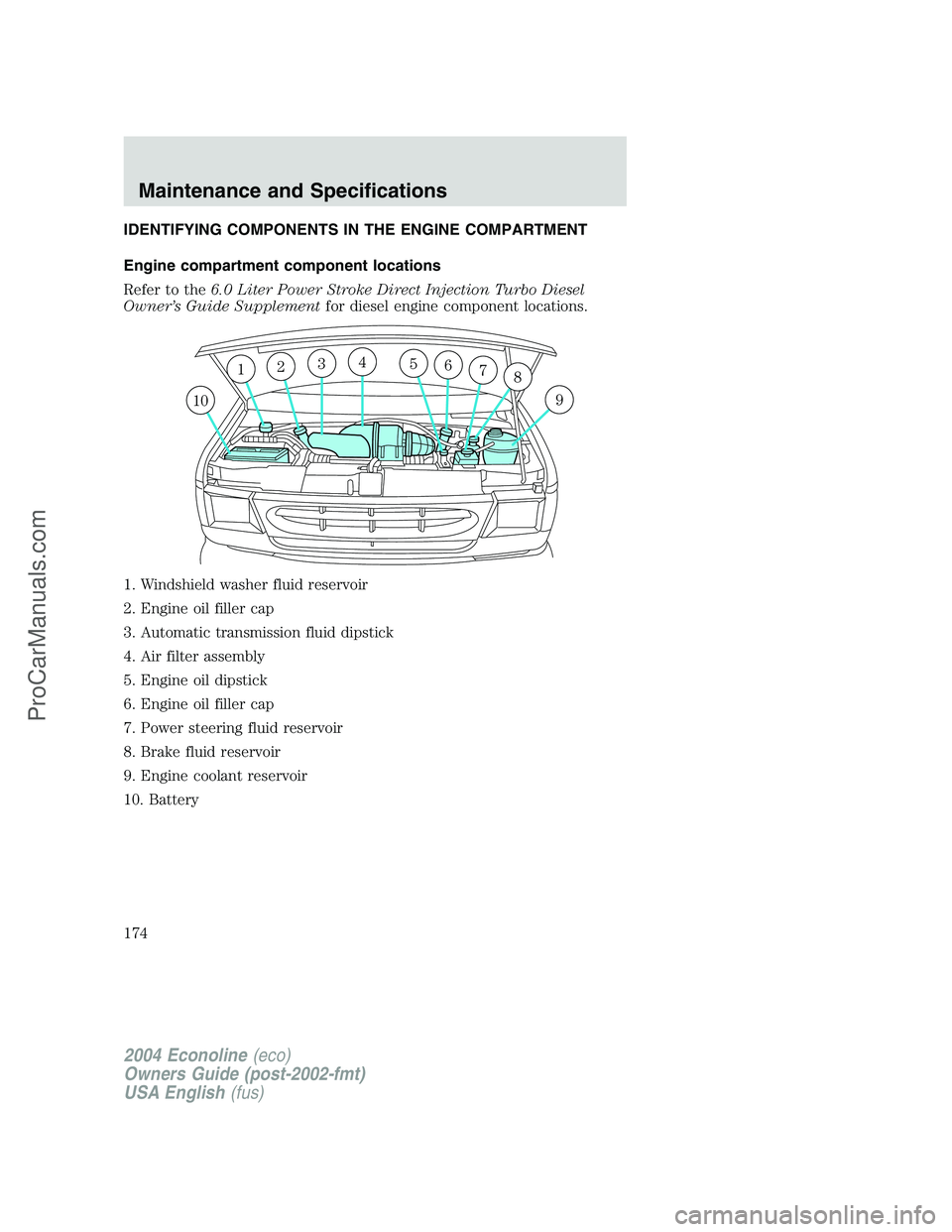 FORD E-450 2004 Owners Manual IDENTIFYING COMPONENTS IN THE ENGINE COMPARTMENT
Engine compartment component locations
Refer to the6.0 Liter Power Stroke Direct Injection Turbo Diesel
Owner’s Guide Supplementfor diesel engine com FORD E-450 2004 Owners Manual IDENTIFYING COMPONENTS IN THE ENGINE COMPARTMENT
Engine compartment component locations
Refer to the6.0 Liter Power Stroke Direct Injection Turbo Diesel
Owner’s Guide Supplementfor diesel engine com