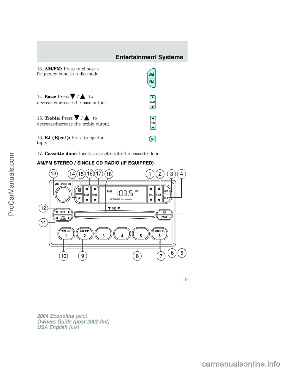FORD E-450 2004 User Guide 13.AM/FM:Press to choose a
frequency band in radio mode.
14.Bass:Press
/to
decrease/increase the bass output.
15.Treble:Press
/to
decrease/increase the treble output.
16.EJ (Eject):Press to eject a
ta FORD E-450 2004 User Guide 13.AM/FM:Press to choose a
frequency band in radio mode.
14.Bass:Press
/to
decrease/increase the bass output.
15.Treble:Press
/to
decrease/increase the treble output.
16.EJ (Eject):Press to eject a
ta
