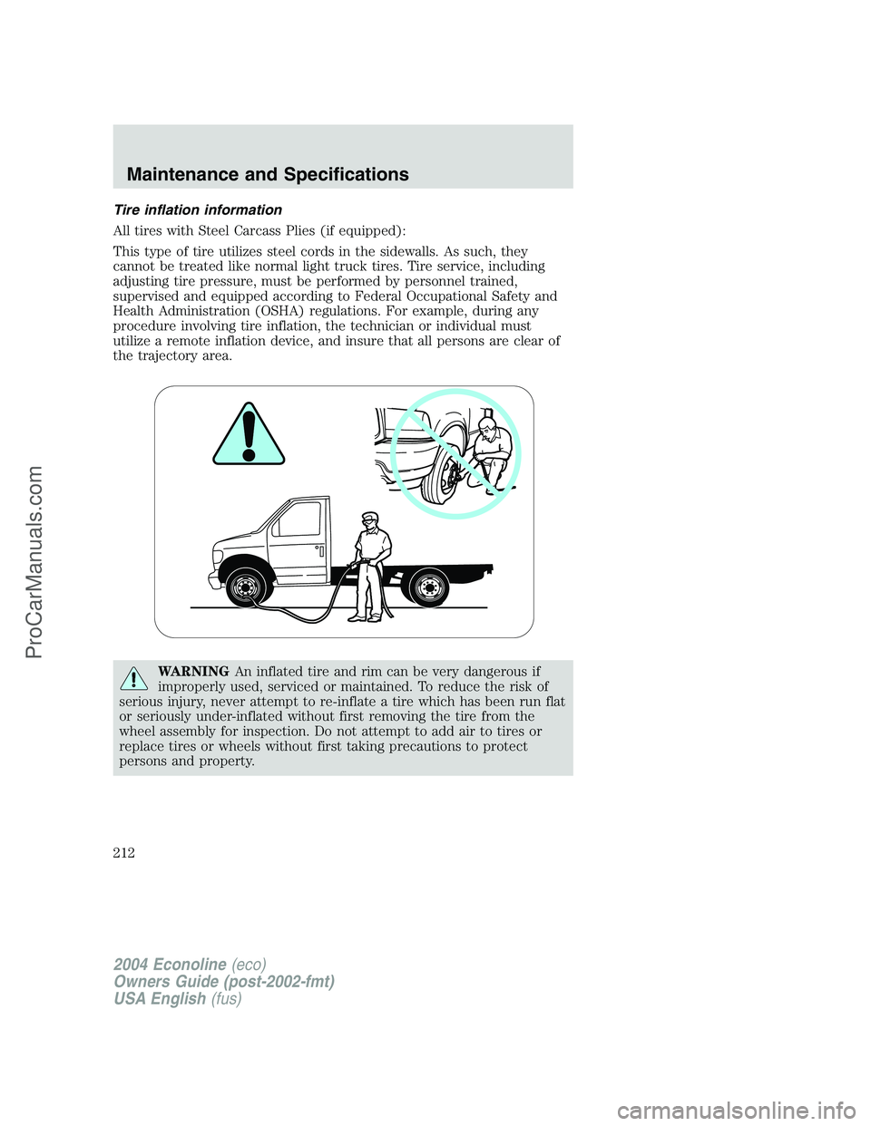 FORD E-450 2004  Owners Manual Tire inflation information
All tires with Steel Carcass Plies (if equipped):
This type of tire utilizes steel cords in the sidewalls. As such, they
cannot be treated like normal light truck tires. Tir