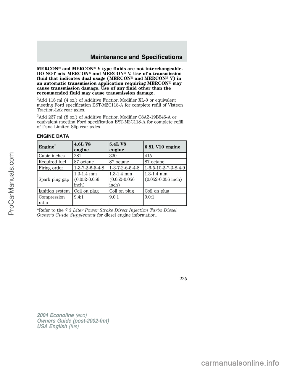 FORD E-450 2004  Owners Manual MERCONand MERCONV type fluids are not interchangeable.
DO NOT mix MERCONand MERCONV. Use of a transmission
fluid that indicates dual usage (MERCONand MERCONV) in
an automatic transmission applic