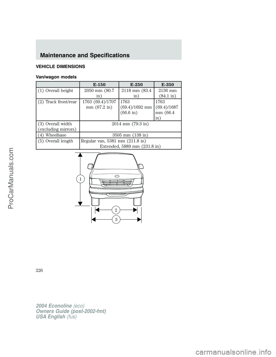 FORD E-450 2004  Owners Manual VEHICLE DIMENSIONS
Van/wagon models
E-150 E-250 E-350
(1) Overall height 2050 mm (80.7
in)2118 mm (83.4
in)2136 mm
(84.1 in)
(2) Track front/rear 1763 (69.4)/1707
mm (67.2 in)1763
(69.4)/1692 mm
(66.6