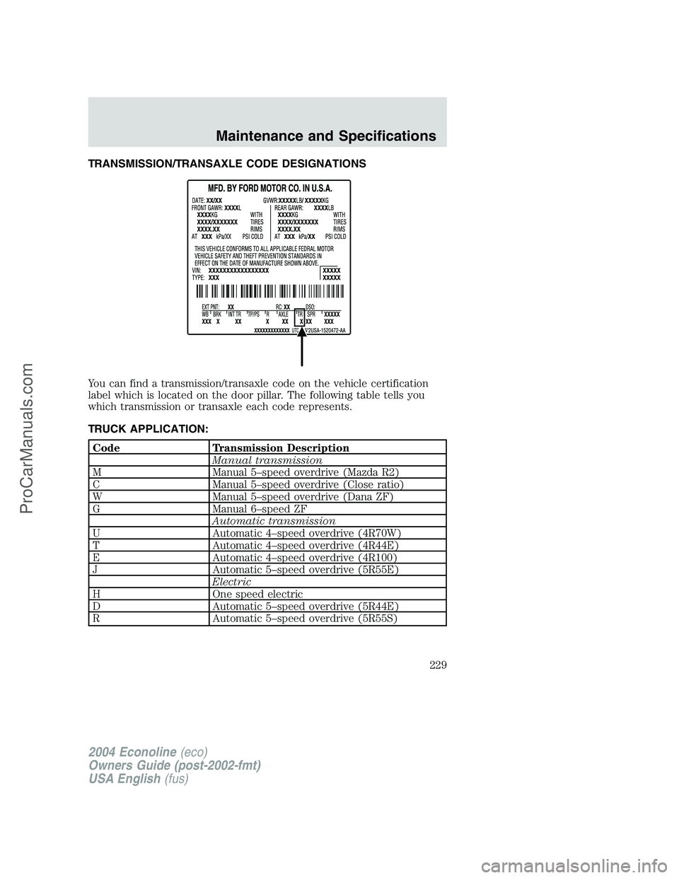 FORD E-450 2004  Owners Manual TRANSMISSION/TRANSAXLE CODE DESIGNATIONS
You can find a transmission/transaxle code on the vehicle certification
label which is located on the door pillar. The following table tells you
which transmis