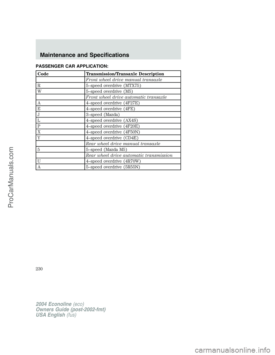 FORD E-450 2004  Owners Manual PASSENGER CAR APPLICATION:
Code Transmission/Transaxle Description
Front wheel drive manual transaxle
R5–speed overdrive (MTX75)
W5–speed overdrive (M5)
Front wheel drive automatic transaxle
A4–