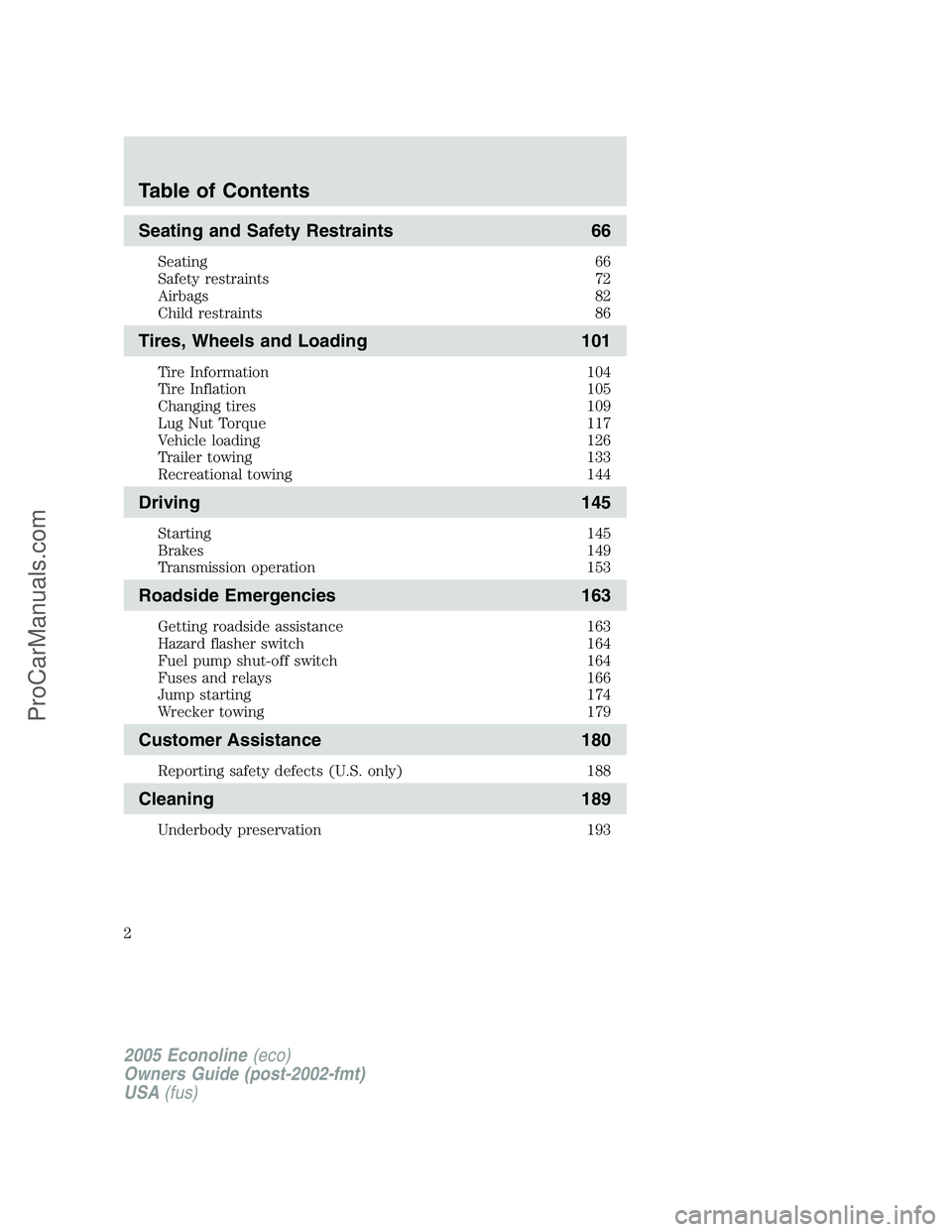 FORD E-450 2005 Owners Manual Seating and Safety Restraints 66
Seating 66
Safety restraints 72
Airbags 82
Child restraints 86
Tires, Wheels and Loading 101
Tire Information 104
Tire Inflation 105
Changing tires 109
Lug Nut Torque FORD E-450 2005 Owners Manual Seating and Safety Restraints 66
Seating 66
Safety restraints 72
Airbags 82
Child restraints 86
Tires, Wheels and Loading 101
Tire Information 104
Tire Inflation 105
Changing tires 109
Lug Nut Torque