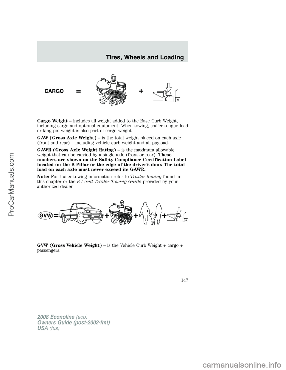 FORD E-450 2008  Owners Manual Cargo Weight– includes all weight added to the Base Curb Weight,
including cargo and optional equipment. When towing, trailer tongue load
or king pin weight is also part of cargo weight.
GAW (Gross 