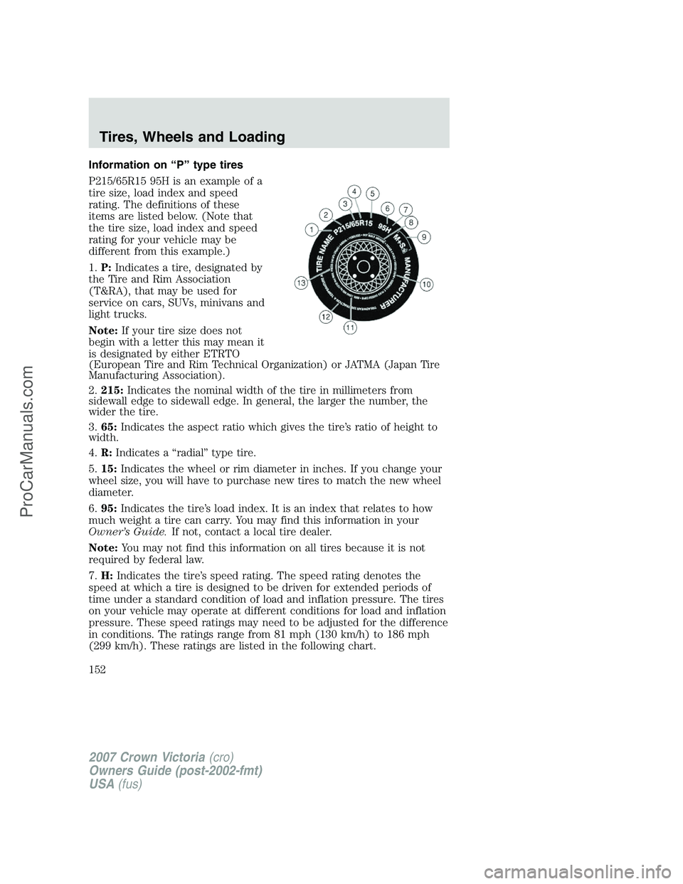 FORD E-450 2007  Owners Manual Information on “P” type tires
P215/65R15 95H is an example of a
tire size, load index and speed
rating. The definitions of these
items are listed below. (Note that
the tire size, load index and sp