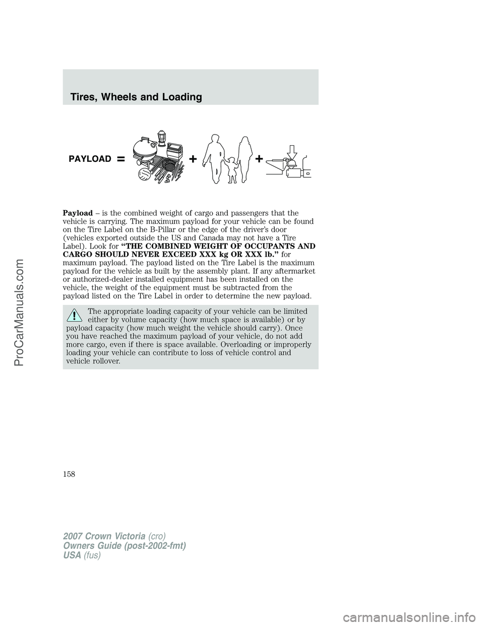 FORD E-450 2007  Owners Manual Payload– is the combined weight of cargo and passengers that the
vehicle is carrying. The maximum payload for your vehicle can be found
on the Tire Label on the B-Pillar or the edge of the driver’