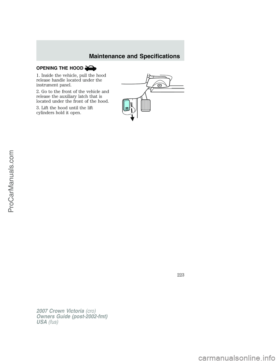FORD E-450 2007 Owners Manual OPENING THE HOOD
1. Inside the vehicle, pull the hood
release handle located under the
instrument panel.
2. Go to the front of the vehicle and
release the auxiliary latch that is
located under the fro FORD E-450 2007 Owners Manual OPENING THE HOOD
1. Inside the vehicle, pull the hood
release handle located under the
instrument panel.
2. Go to the front of the vehicle and
release the auxiliary latch that is
located under the fro