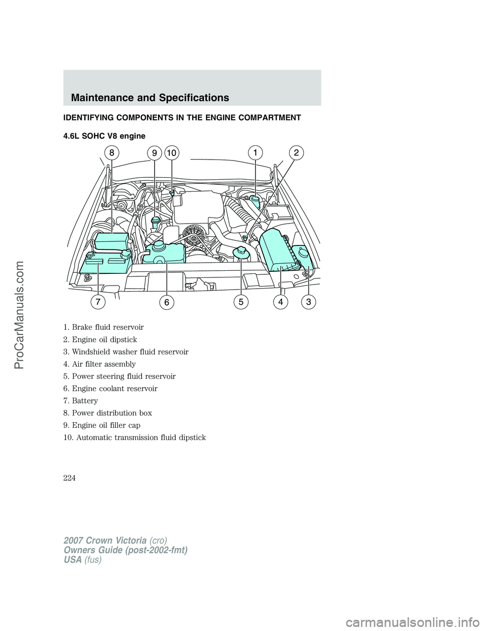 FORD E-450 2007  Owners Manual IDENTIFYING COMPONENTS IN THE ENGINE COMPARTMENT
4.6L SOHC V8 engine
1. Brake fluid reservoir
2. Engine oil dipstick
3. Windshield washer fluid reservoir
4. Air filter assembly
5. Power steering fluid