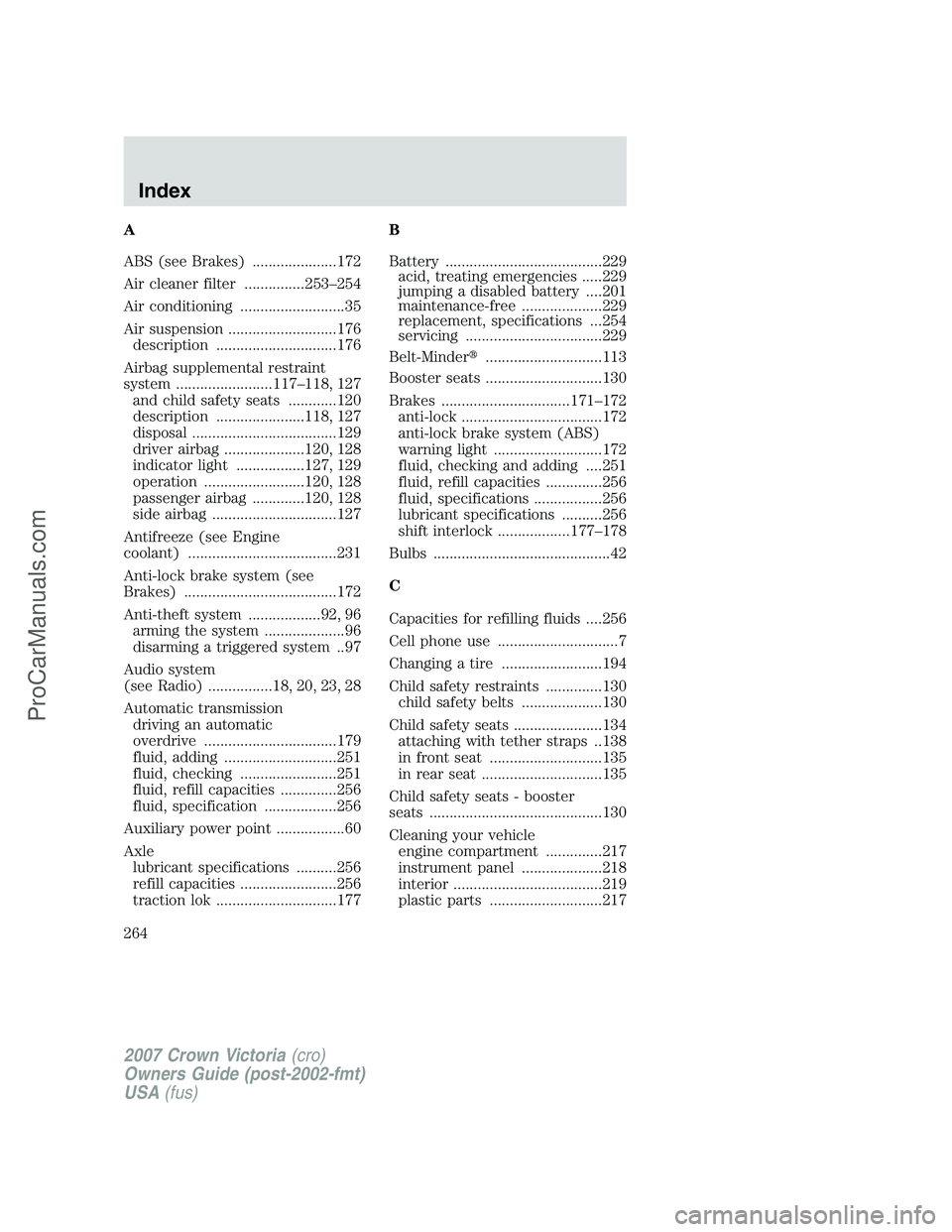 FORD E-450 2007  Owners Manual A
ABS (see Brakes) .....................172
Air cleaner filter ...............253–254
Air conditioning ..........................35
Air suspension ...........................176
description ........