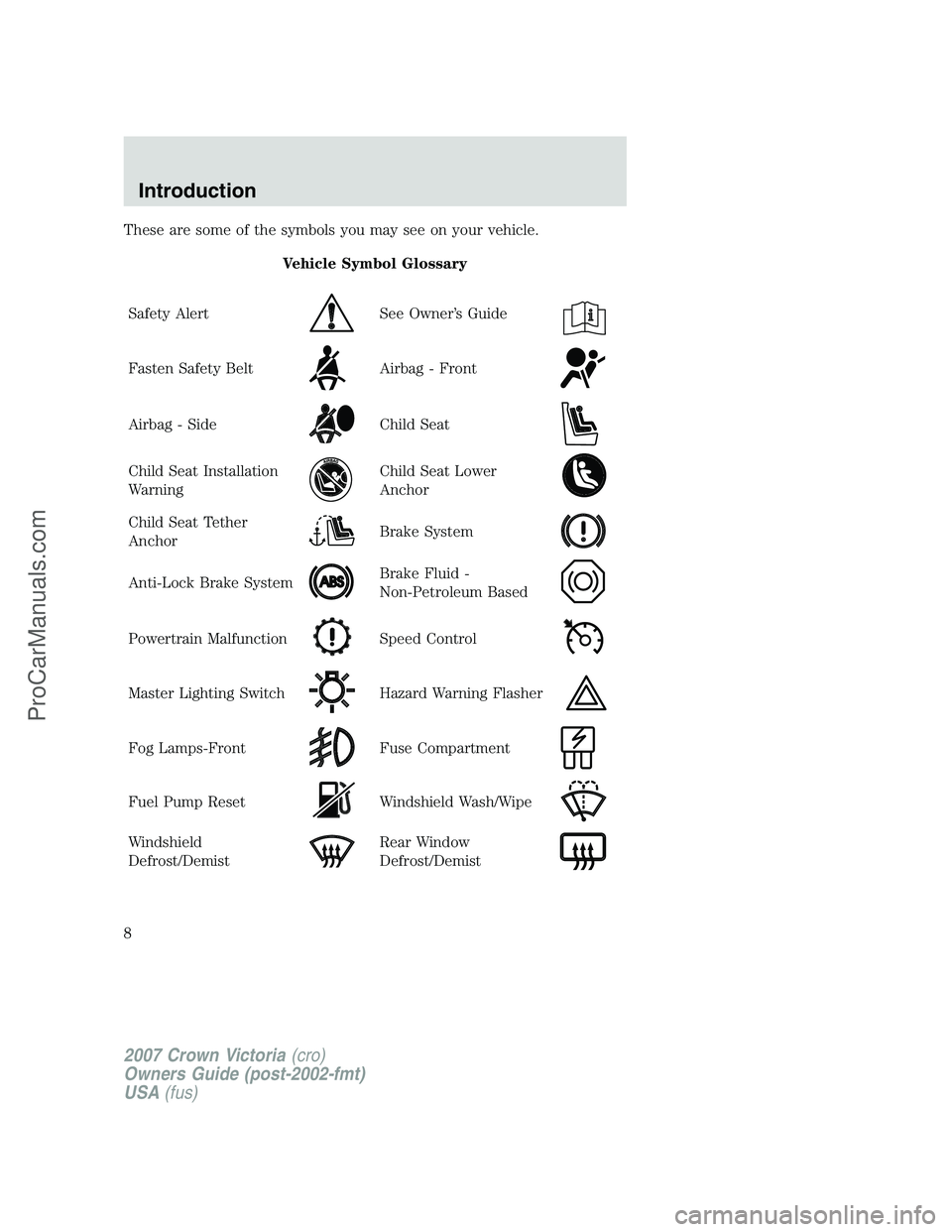 FORD E-450 2007 Owners Manual These are some of the symbols you may see on your vehicle.
Vehicle Symbol Glossary
Safety Alert
See Owner’s Guide
Fasten Safety BeltAirbag - Front
Airbag - SideChild Seat
Child Seat Installation
War FORD E-450 2007 Owners Manual These are some of the symbols you may see on your vehicle.
Vehicle Symbol Glossary
Safety Alert
See Owner’s Guide
Fasten Safety BeltAirbag - Front
Airbag - SideChild Seat
Child Seat Installation
War
