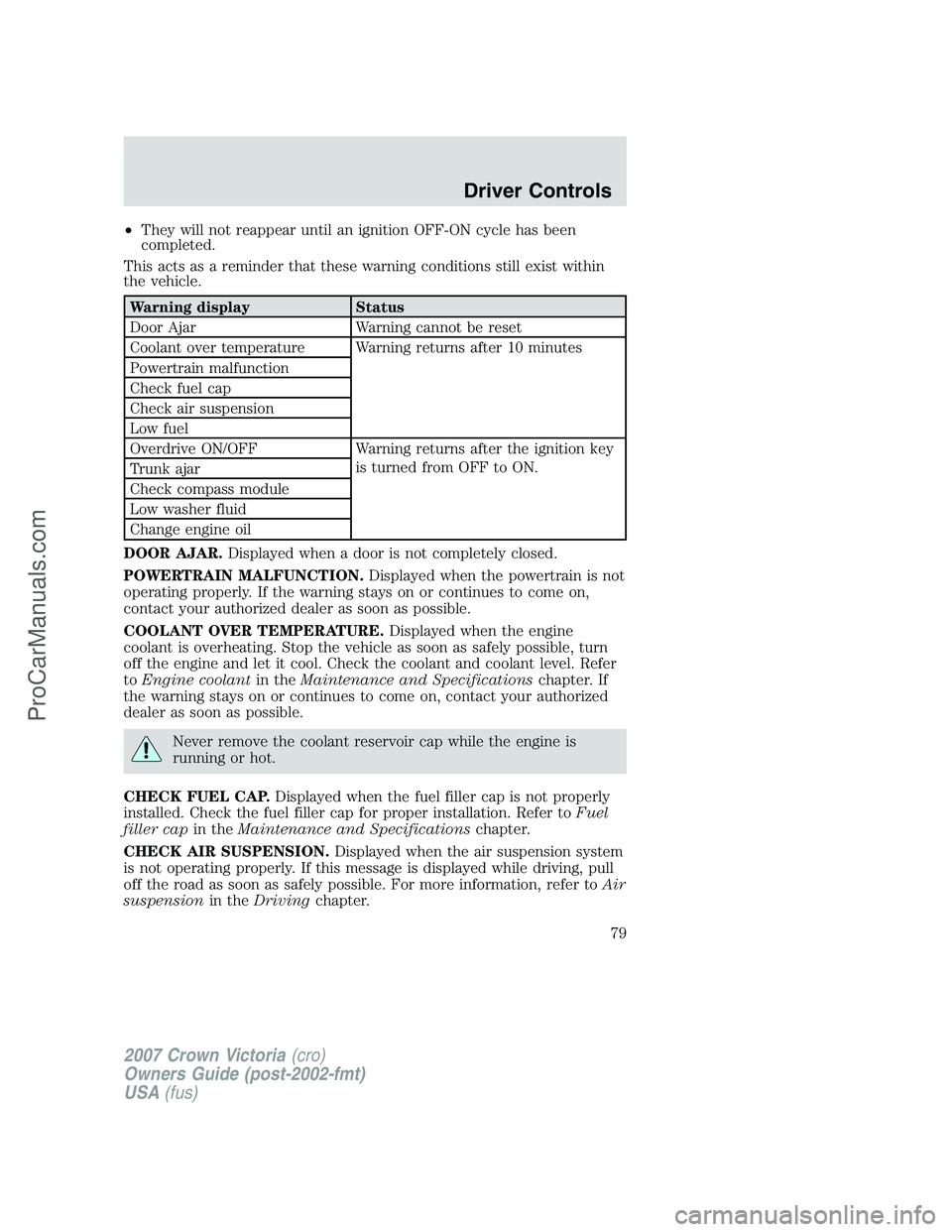 FORD E-450 2007 Manual PDF •They will not reappear until an ignition OFF-ON cycle has been
completed.
This acts as a reminder that these warning conditions still exist within
the vehicle.
Warning display Status
Door Ajar Warn
