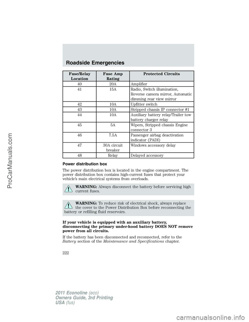 FORD E-450 2011 Owners Manual Fuse/Relay
LocationFuse Amp
RatingProtected Circuits
40 20A Amplifier
41 15A Radio, Switch illumination,
Reverse camera mirror, Automatic
dimming rear view mirror
42 10A Upfitter switch
43 10A Strippe FORD E-450 2011 Owners Manual Fuse/Relay
LocationFuse Amp
RatingProtected Circuits
40 20A Amplifier
41 15A Radio, Switch illumination,
Reverse camera mirror, Automatic
dimming rear view mirror
42 10A Upfitter switch
43 10A Strippe
