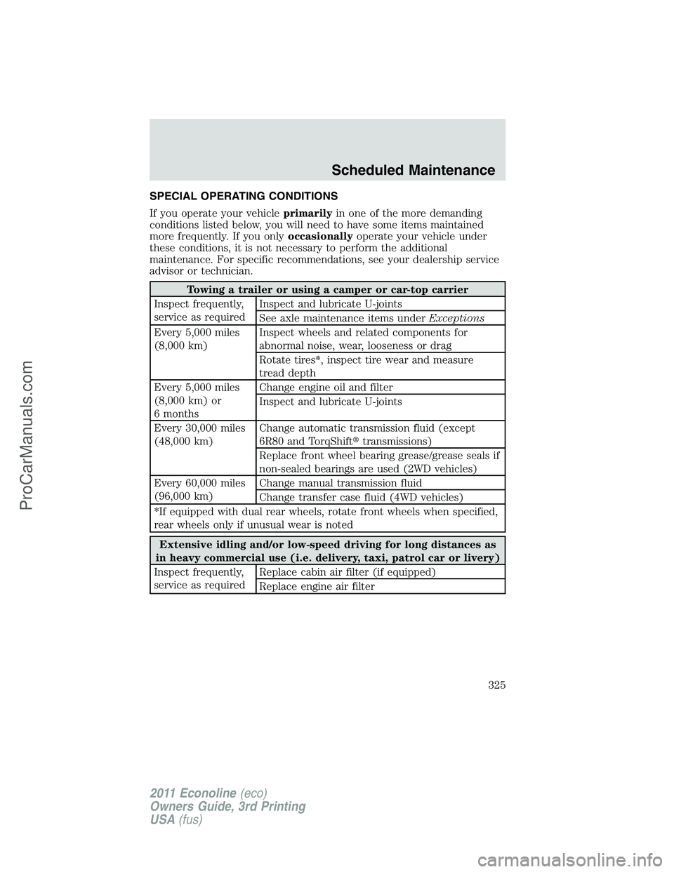 FORD E-450 2011  Owners Manual SPECIAL OPERATING CONDITIONS
If you operate your vehicleprimarilyin one of the more demanding
conditions listed below, you will need to have some items maintained
more frequently. If you onlyoccasiona