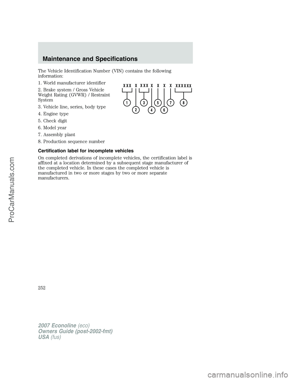 FORD ECONOLINE 2007  Owners Manual The Vehicle Identification Number (VIN) contains the following
information:
1. World manufacturer identifier
2. Brake system / Gross Vehicle
Weight Rating (GVWR) / Restraint
System
3. Vehicle line, se