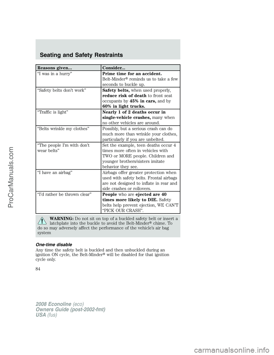 FORD ECONOLINE 2008 Manual Online Reasons given... Consider...
“I was in a hurry”Prime time for an accident.
Belt-Minderreminds us to take a few
seconds to buckle up.
“Safety belts don’t work”Safety belts,when used properly