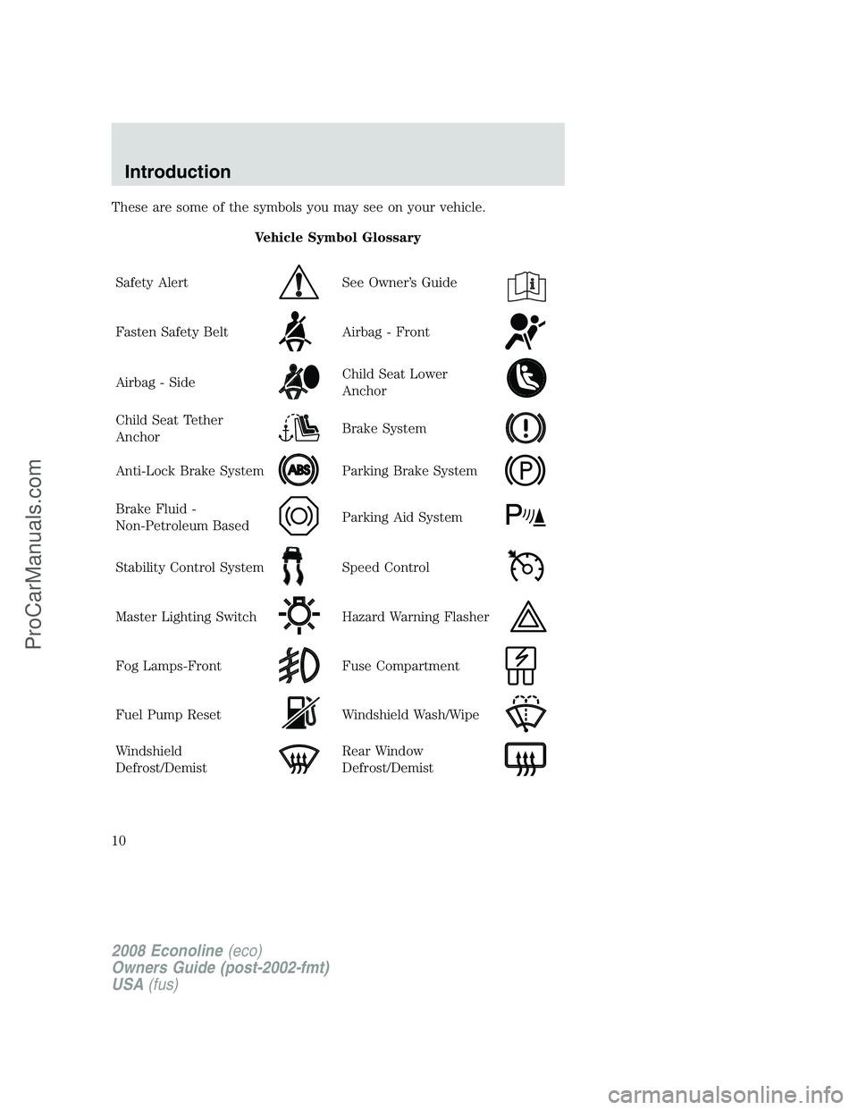 FORD ECONOLINE 2008 Owners Manual These are some of the symbols you may see on your vehicle.
Vehicle Symbol Glossary
Safety Alert
See Owner’s Guide
Fasten Safety BeltAirbag - Front
Airbag - SideChild Seat Lower
Anchor
Child Seat Tet FORD ECONOLINE 2008 Owners Manual These are some of the symbols you may see on your vehicle.
Vehicle Symbol Glossary
Safety Alert
See Owner’s Guide
Fasten Safety BeltAirbag - Front
Airbag - SideChild Seat Lower
Anchor
Child Seat Tet
