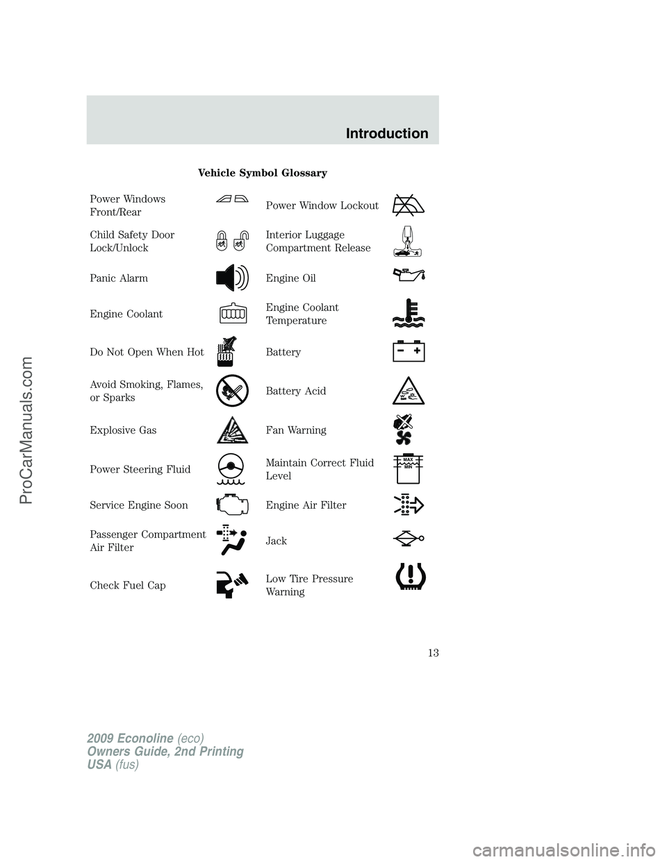FORD ECONOLINE 2009  Owners Manual Vehicle Symbol Glossary
Power Windows
Front/Rear
Power Window Lockout
Child Safety Door
Lock/UnlockInterior Luggage
Compartment Release
Panic AlarmEngine Oil
Engine CoolantEngine Coolant
Temperature
D