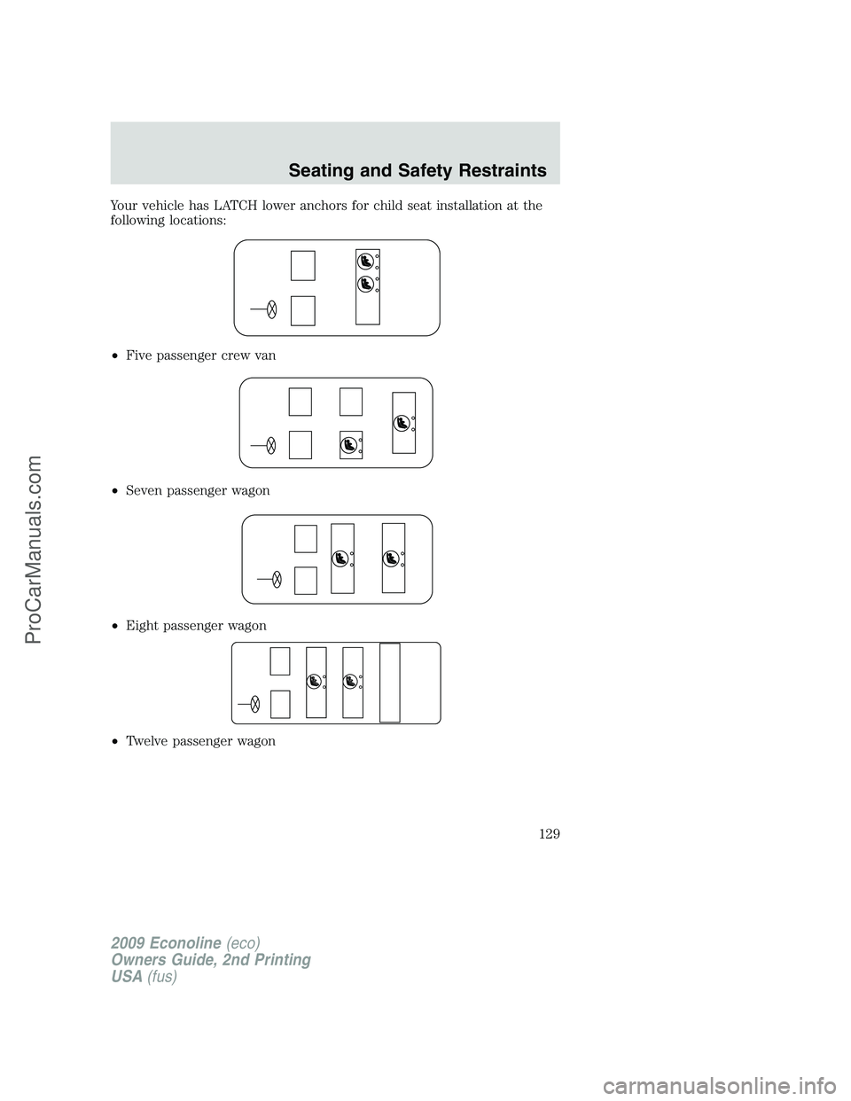 FORD ECONOLINE 2009 Owners Manual Your vehicle has LATCH lower anchors for child seat installation at the
following locations:
•Five passenger crew van
•Seven passenger wagon
•Eight passenger wagon
•Twelve passenger wagon
2009 FORD ECONOLINE 2009 Owners Manual Your vehicle has LATCH lower anchors for child seat installation at the
following locations:
•Five passenger crew van
•Seven passenger wagon
•Eight passenger wagon
•Twelve passenger wagon
2009