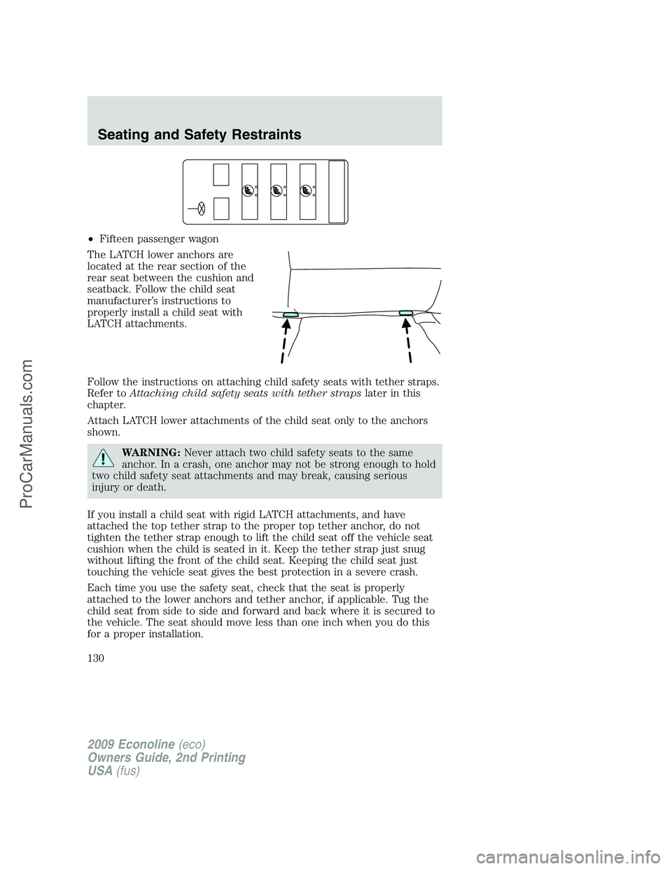FORD ECONOLINE 2009 Owners Manual •Fifteen passenger wagon
The LATCH lower anchors are
located at the rear section of the
rear seat between the cushion and
seatback. Follow the child seat
manufacturer’s instructions to
properly in FORD ECONOLINE 2009 Owners Manual •Fifteen passenger wagon
The LATCH lower anchors are
located at the rear section of the
rear seat between the cushion and
seatback. Follow the child seat
manufacturer’s instructions to
properly in