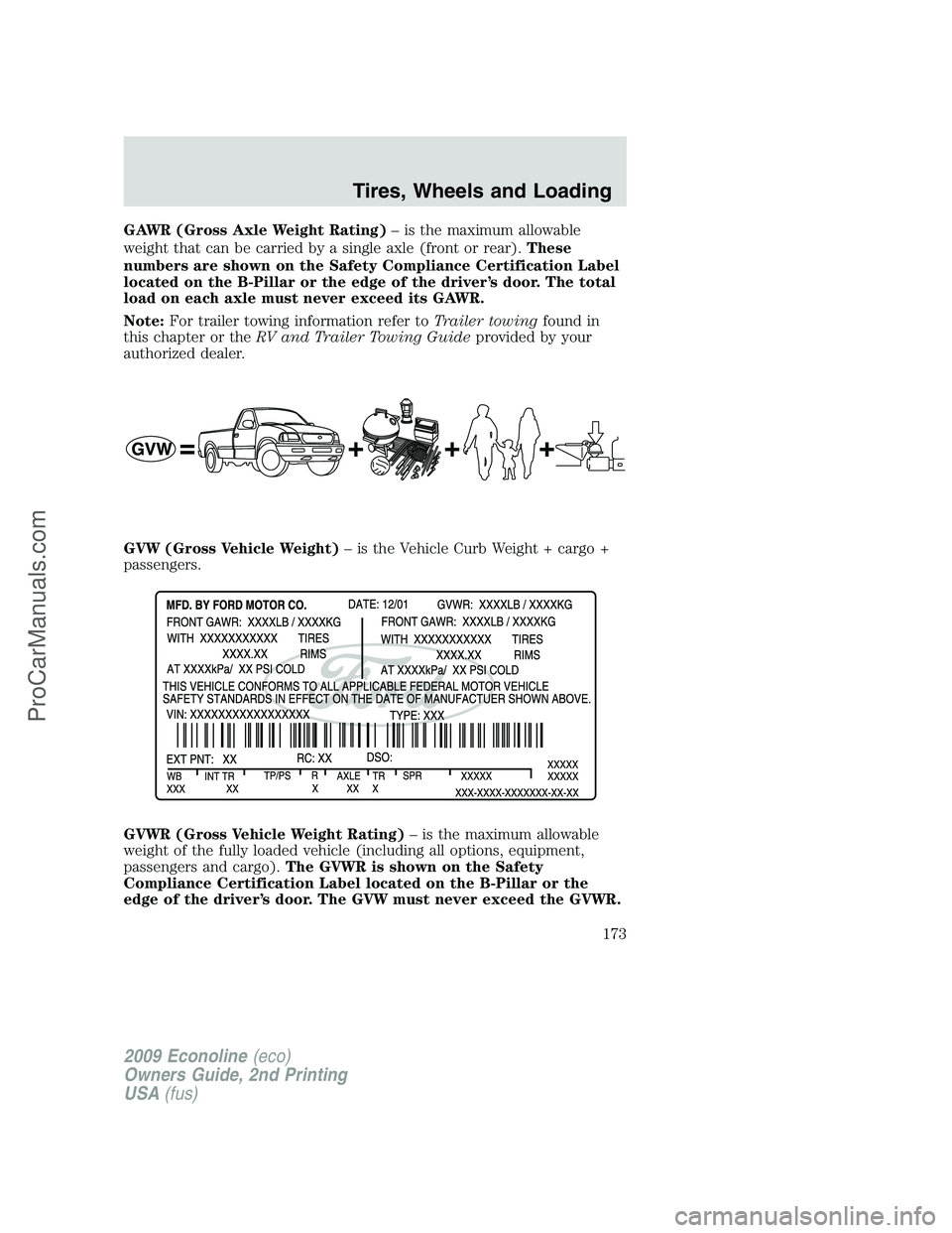 FORD ECONOLINE 2009 Owners Manual GAWR (Gross Axle Weight Rating)– is the maximum allowable
weight that can be carried by a single axle (front or rear).These
numbers are shown on the Safety Compliance Certification Label
located on FORD ECONOLINE 2009 Owners Manual GAWR (Gross Axle Weight Rating)– is the maximum allowable
weight that can be carried by a single axle (front or rear).These
numbers are shown on the Safety Compliance Certification Label
located on