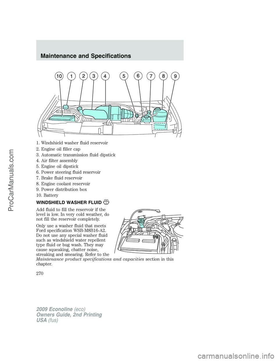 FORD ECONOLINE 2009 Owners Manual 1. Windshield washer fluid reservoir
2. Engine oil filler cap
3. Automatic transmission fluid dipstick
4. Air filter assembly
5. Engine oil dipstick
6. Power steering fluid reservoir
7. Brake fluid re FORD ECONOLINE 2009 Owners Manual 1. Windshield washer fluid reservoir
2. Engine oil filler cap
3. Automatic transmission fluid dipstick
4. Air filter assembly
5. Engine oil dipstick
6. Power steering fluid reservoir
7. Brake fluid re