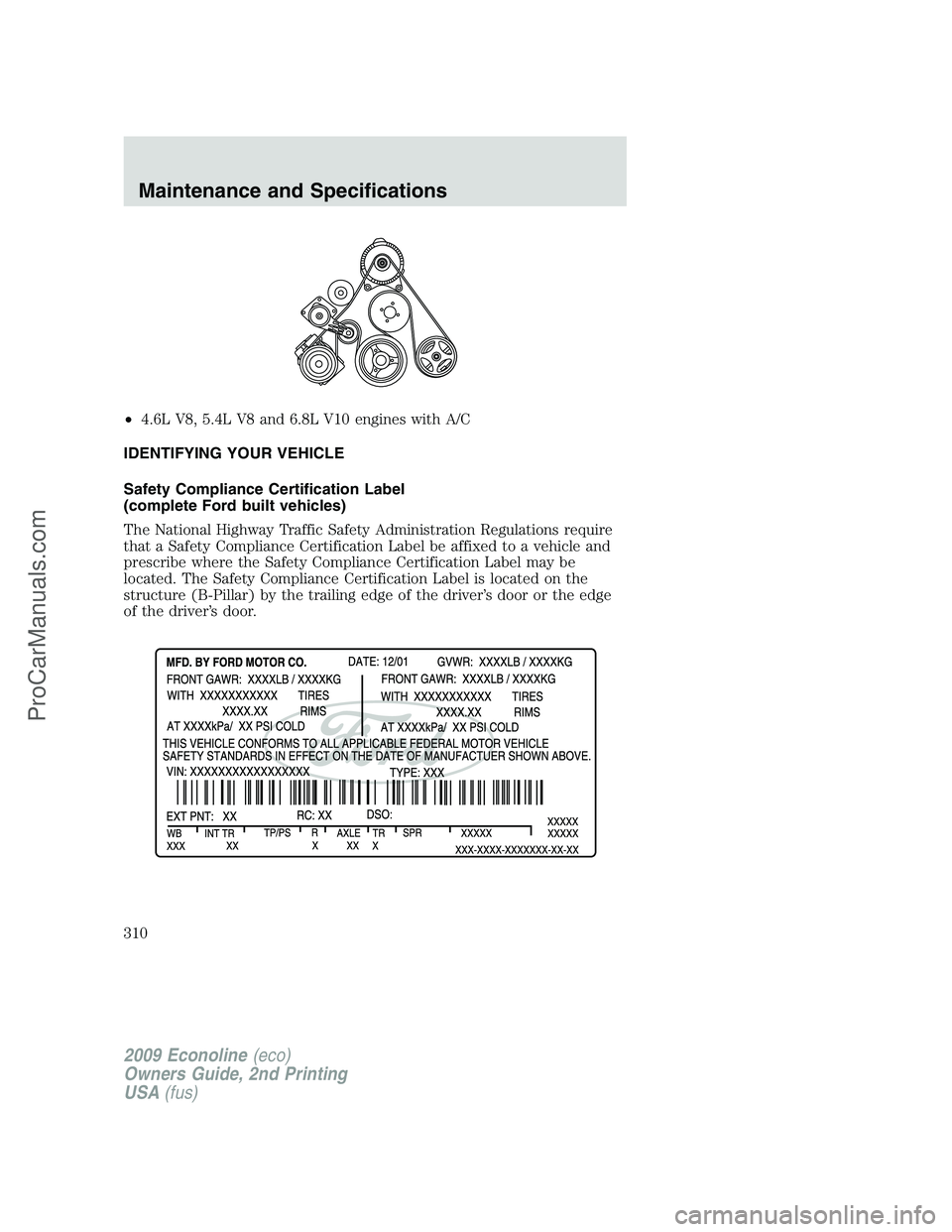 FORD ECONOLINE 2009 Owners Manual •4.6L V8, 5.4L V8 and 6.8L V10 engines with A/C
IDENTIFYING YOUR VEHICLE
Safety Compliance Certification Label
(complete Ford built vehicles)
The National Highway Traffic Safety Administration Regul FORD ECONOLINE 2009 Owners Manual •4.6L V8, 5.4L V8 and 6.8L V10 engines with A/C
IDENTIFYING YOUR VEHICLE
Safety Compliance Certification Label
(complete Ford built vehicles)
The National Highway Traffic Safety Administration Regul