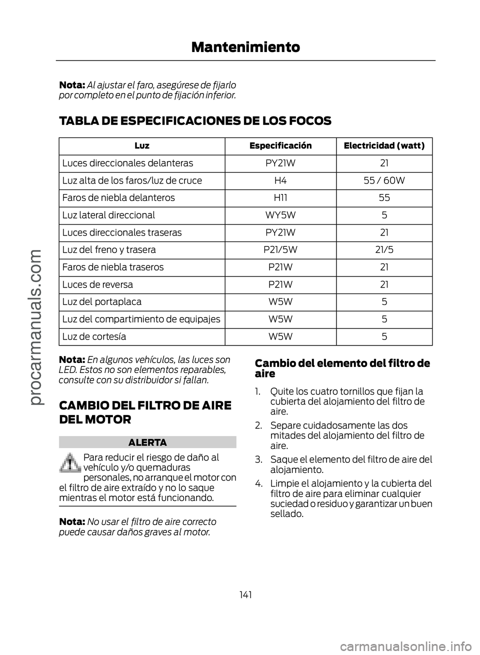 FORD ECOSPORT 2017  Owners Manual Nota:Al ajustar el faro, asegúrese de fijarlo
por completo en el punto de fijación inferior.
TABLA DE ESPECIFICACIONES DE LOS FOCOS
Electricidad (watt)
Especificación
Luz
21
PY21W
Luces direccional