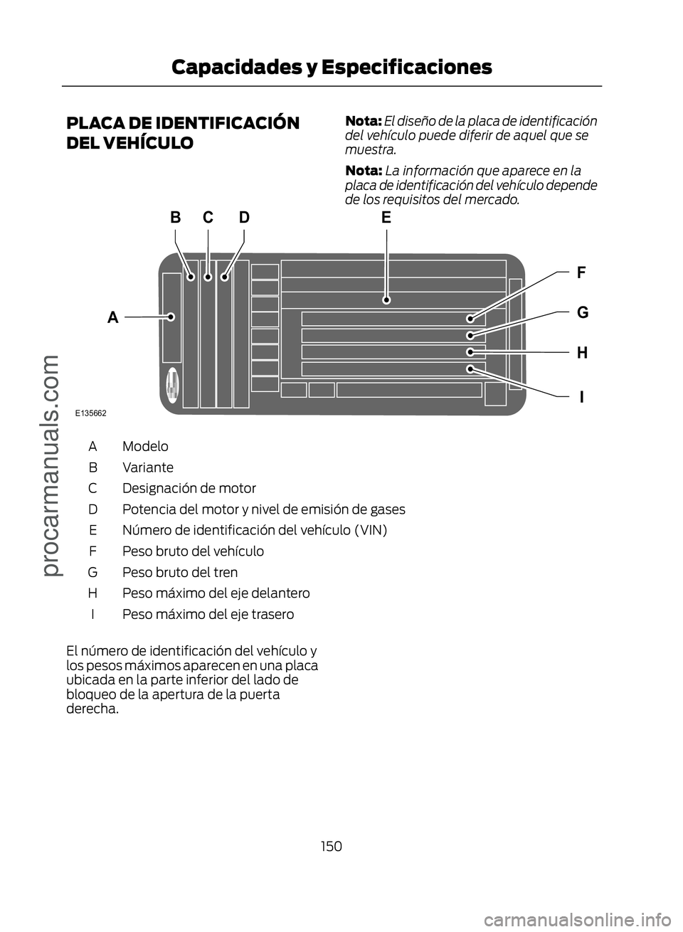 FORD ECOSPORT 2017  Owners Manual PLACA DE IDENTIFICACIÓN
DEL VEHÍCULONota:El diseño de la placa de identificación
del vehículo puede diferir de aquel que se
muestra.
Nota: La información que aparece en la
placa de identificaci