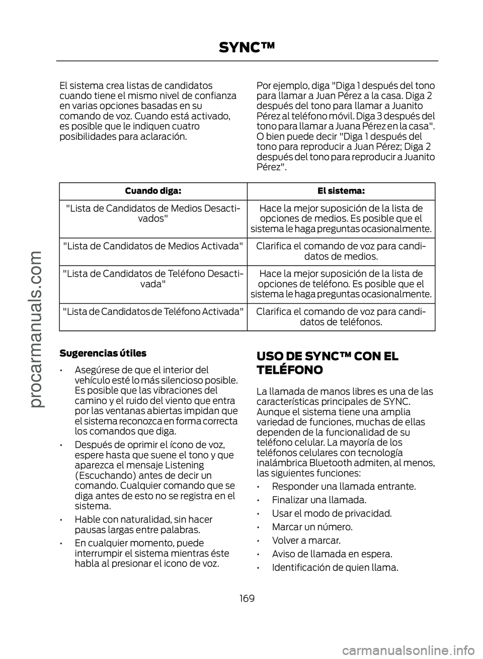FORD ECOSPORT 2017  Owners Manual El sistema crea listas de candidatos
cuando tiene el mismo nivel de confianza
en varias opciones basadas en su
comando de voz. Cuando está activado,
es posible que le indiquen cuatro
posibilidades pa