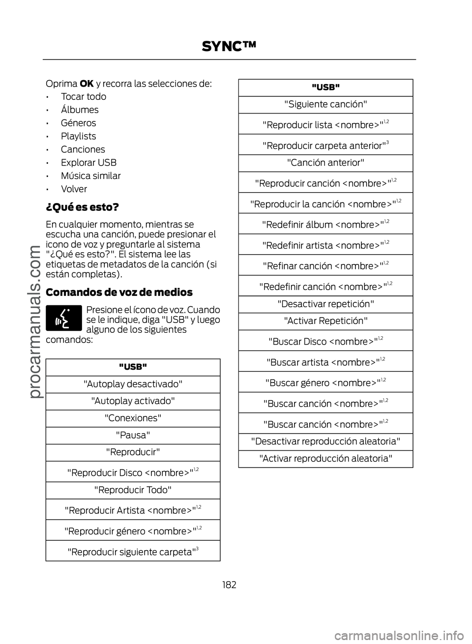 FORD ECOSPORT 2017  Owners Manual Oprima OK y recorra las selecciones de:
• Tocar todo
• Álbumes
• Géneros
• Playlists
• Canciones
• Explorar USB
• Música similar
• Volver
¿Qué es esto?
En cualquier momento, mient