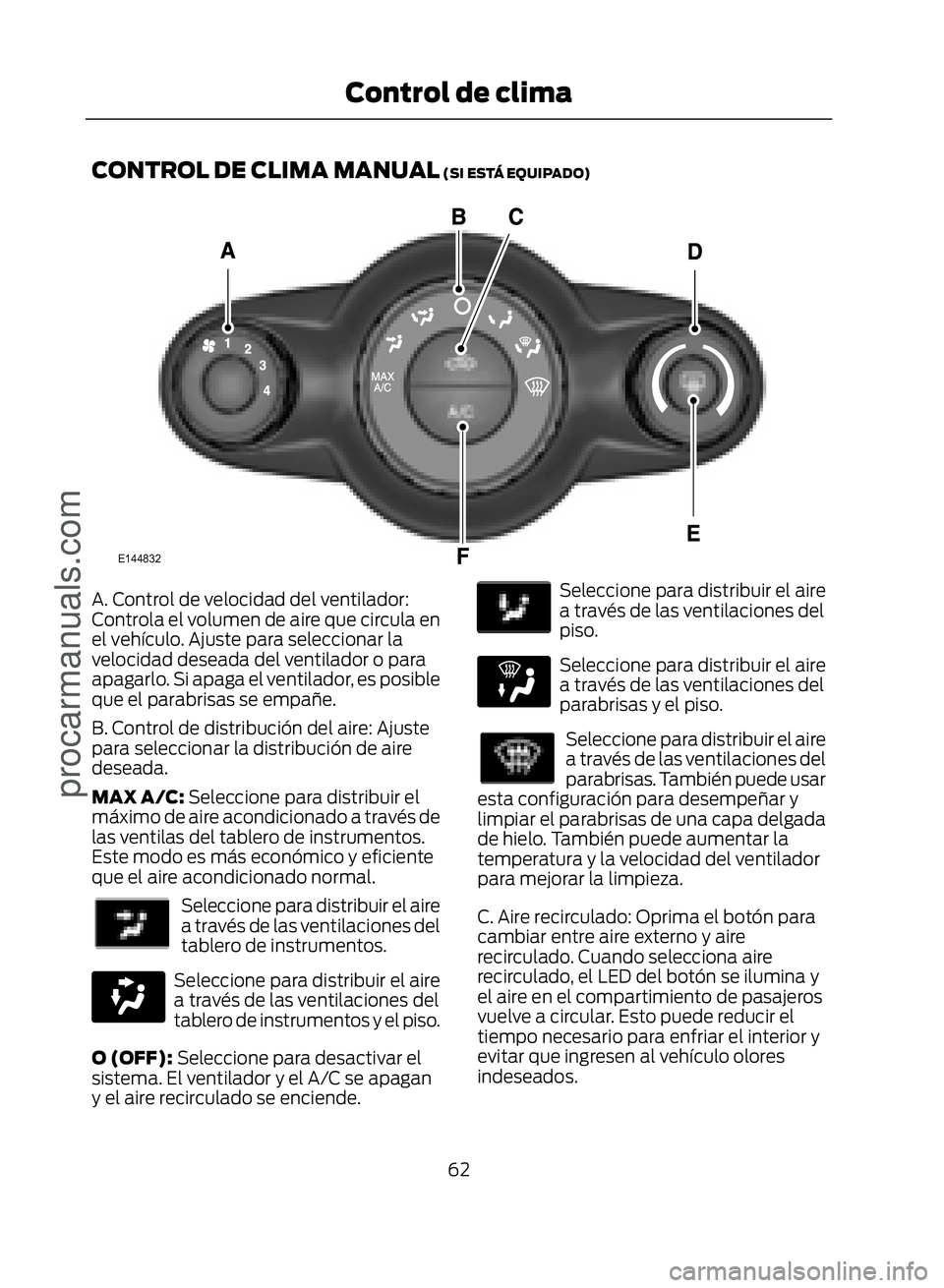 FORD ECOSPORT 2017 Repair Manual CONTROL DE CLIMA MANUAL (SI ESTÁ EQUIPADO)
�(������
A. Control de velocidad del ventilador:
Controla el volumen de aire que circula en
el vehículo. Ajuste para seleccionar la
velocidad deseada