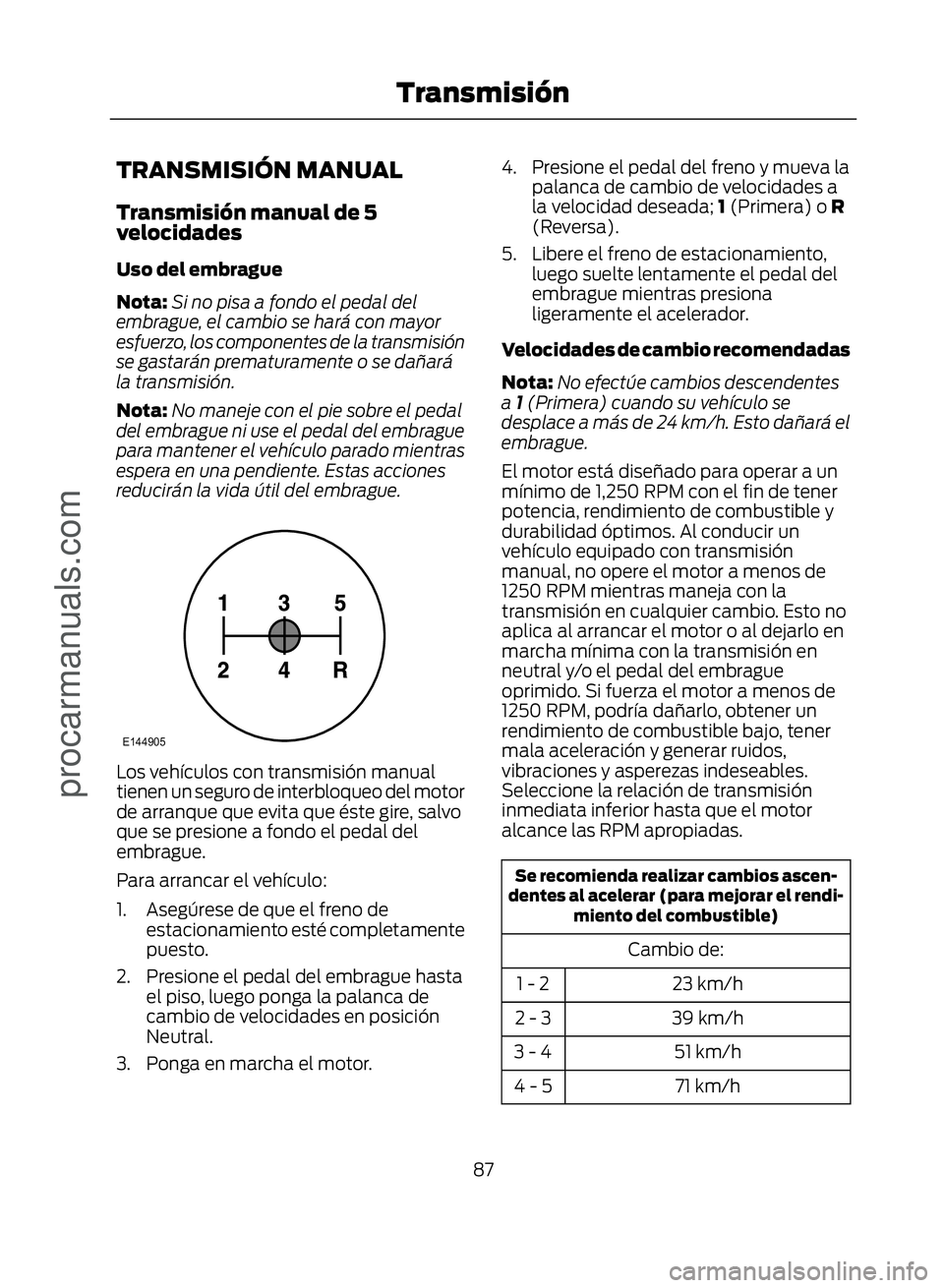 FORD ECOSPORT 2017 Manual Online TRANSMISIÓN MANUAL
Transmisión manual de 5
velocidades
Uso del embrague
Nota:Si no pisa a fondo el pedal del
embrague, el cambio se hará con mayor
esfuerzo, los componentes de la transmisión
se ga FORD ECOSPORT 2017 Manual Online TRANSMISIÓN MANUAL
Transmisión manual de 5
velocidades
Uso del embrague
Nota:Si no pisa a fondo el pedal del
embrague, el cambio se hará con mayor
esfuerzo, los componentes de la transmisión
se ga