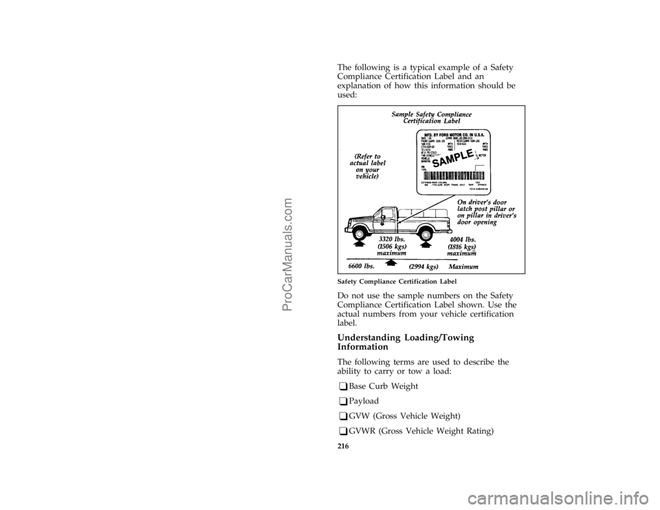 FORD F250 1996  Owners Manual 216
*
[DR29601(BEF )04/95]
The following is a typical example of a Safety
Compliance Certification Label and an
explanation of how this information should be
used:
*
[DR29850( F )03/91]
half page art: