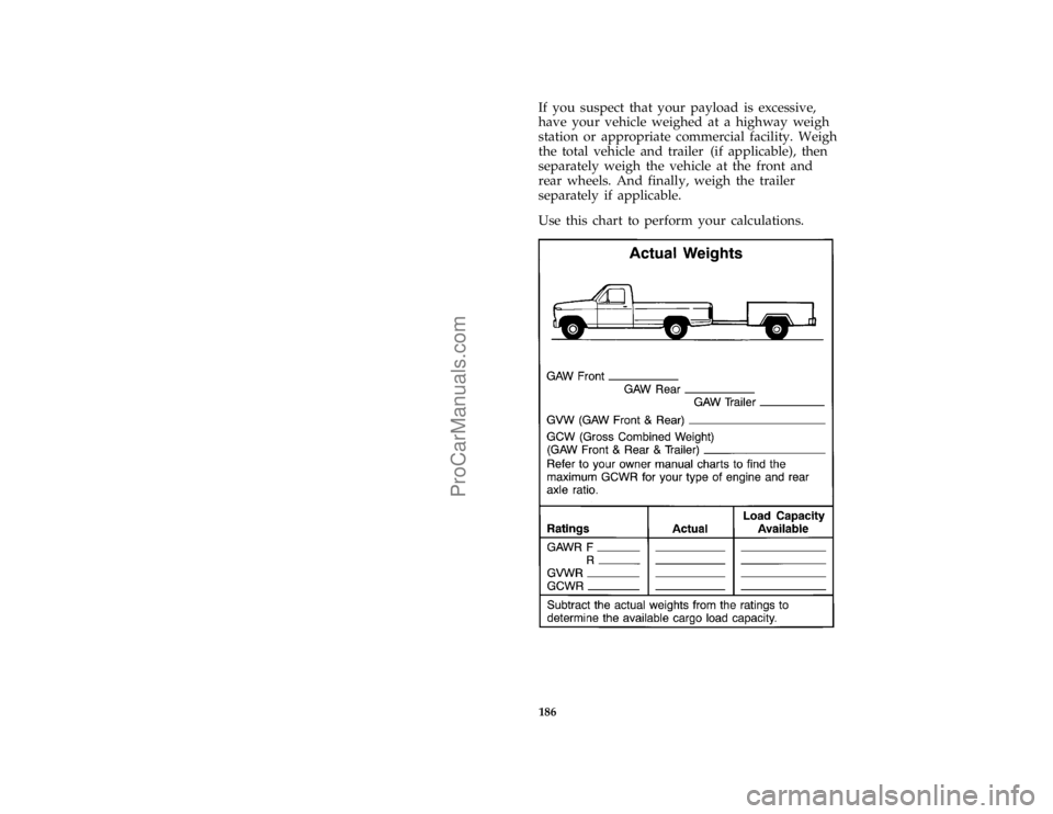 FORD F250 1997  Owners Manual 186
*
[GF21300(FM)01/96]
If you suspect that your payload is excessive,
have your vehicle weighed at a highway weigh
station or appropriate commercial facility. Weigh
the total vehicle and trailer (if