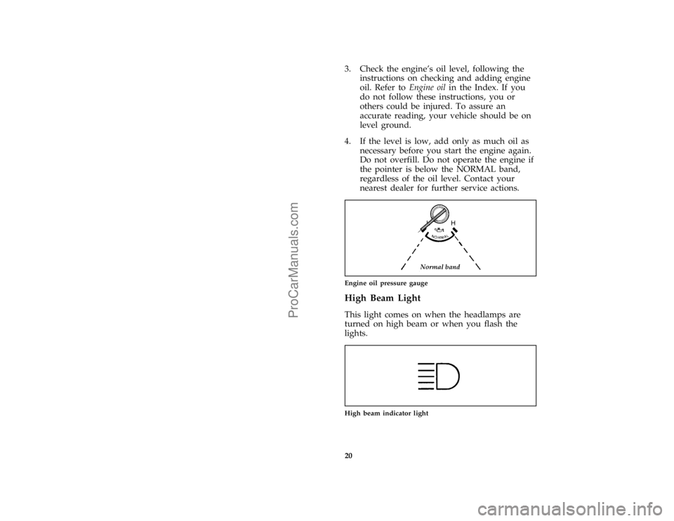 FORD F250 1997  Owners Manual 20
*
[IS08300(FM)01/96]
3. Check the engines oil level, following the
instructions on checking and adding engine
oil. Refer toEngine oilin the Index. If you
do not follow these instructions, you or
o