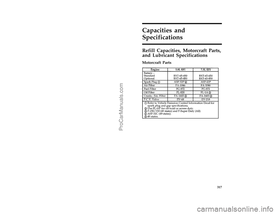 FORD F250 1997  Owners Manual 317
Capacities and
Specifications
*
[CS00200(FM)01/96]
Refill Capacities, Motorcraft Parts,
and Lubricant Specifications
%*
[CS00300(FM)01/96]
Motorcraft Parts
[CS00450(F )05/96]
eighteen pica chart:0