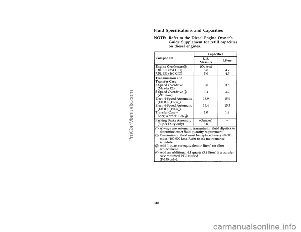 FORD F250 1997  Owners Manual 318 %
*
[CS01800(FM)02/96]
Fluid Specifications and Capacities
[CS01850(F )04/96]
NOTE: Refer to the Diesel Engine Owners
Guide Supplement for refill capacities
on diesel engines.
[CS01980(F )05/96]
