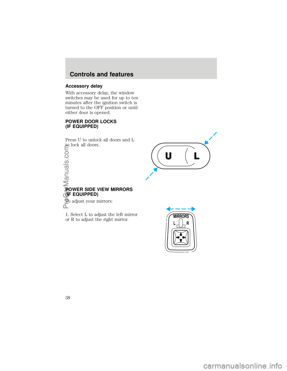 FORD F250 1998 Owners Guide Accessory delay
With accessory delay, the window
switches may be used for up to ten
minutes after the ignition switch is
turned to the OFF position or until
either door is opened.
POWER DOOR LOCKS
(IF