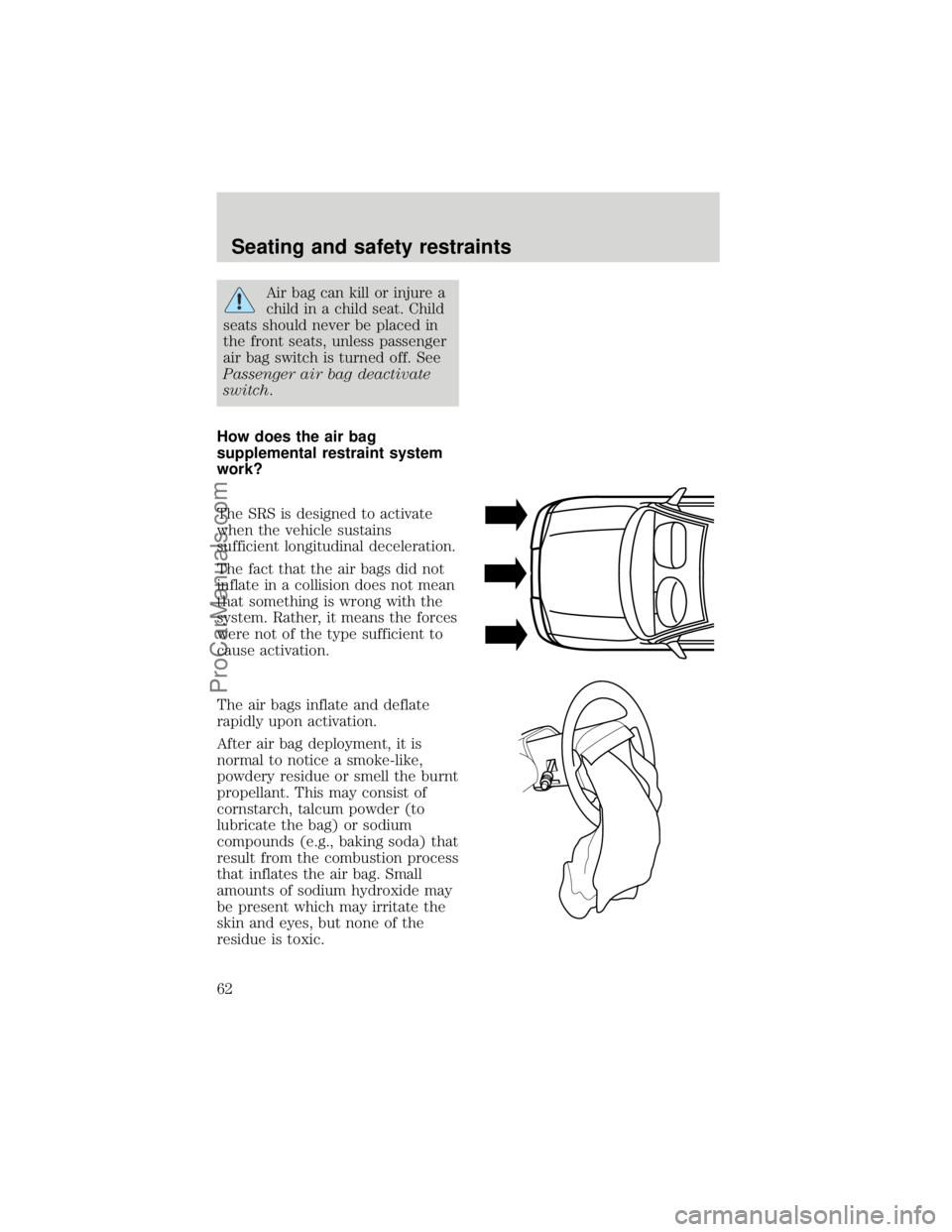FORD F250 1998 Repair Manual Air bag can kill or injure a
child in a child seat. Child
seats should never be placed in
the front seats, unless passenger
air bag switch is turned off. See
Passenger air bag deactivate
switch.
How d FORD F250 1998 Repair Manual Air bag can kill or injure a
child in a child seat. Child
seats should never be placed in
the front seats, unless passenger
air bag switch is turned off. See
Passenger air bag deactivate
switch.
How d