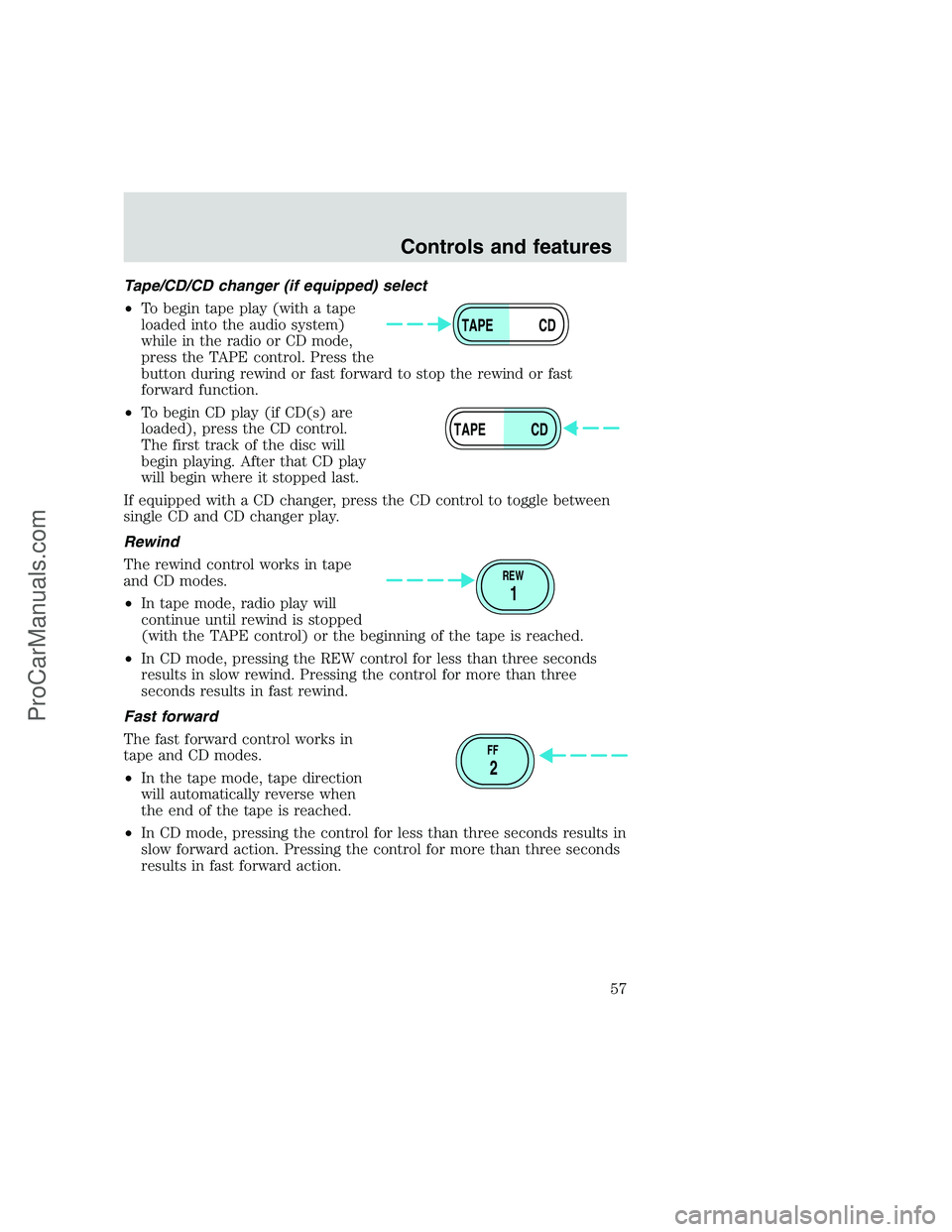 FORD F250 1999 Workshop Manual Tape/CD/CD changer (if equipped) select
•To begin tape play (with a tape
loaded into the audio system)
while in the radio or CD mode,
press the TAPE control. Press the
button during rewind or fast f