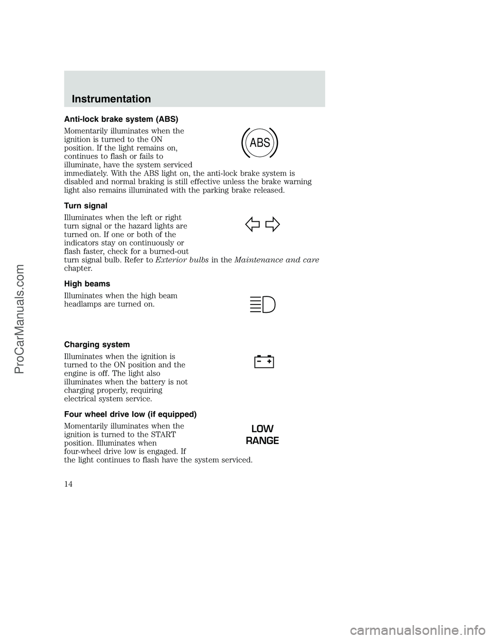 FORD F250 2000 Owners Manual Anti-lock brake system (ABS)
Momentarily illuminates when the
ignition is turned to the ON
position. If the light remains on,
continues to flash or fails to
illuminate, have the system serviced
immedi FORD F250 2000 Owners Manual Anti-lock brake system (ABS)
Momentarily illuminates when the
ignition is turned to the ON
position. If the light remains on,
continues to flash or fails to
illuminate, have the system serviced
immedi